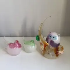 No.72 ガラス製フクロウと小鳥のフィギュアセット
