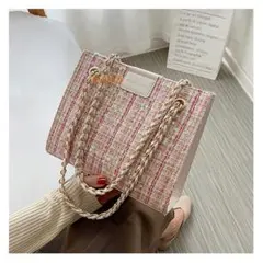 ピンクの高級感のスパンコール 編み物感バッグ=