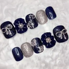 現品 ネイルチップ【デザイン】 ネイビー リボン ぷっくりフラワー シルバー