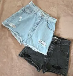 WEGOデニムショートパンツ 2点セット ライトブルー ブラック　ダメージ加工
