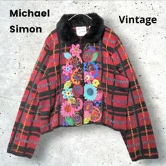 【希少】90s Vintage マイケルサイモン 3D 花柄 刺繍 カーディガン