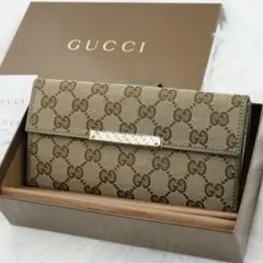 未使用品　箱付き　GUCCI グッチ　長財布　レザー×キャンバス　グリーン系