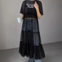 キャミワンピース 黒 ブラック シアー レース フリル シースルー