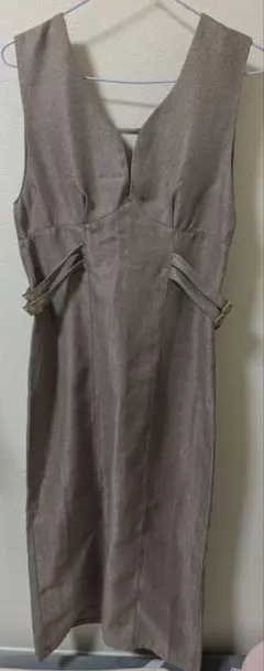 JUNOA ヘリンボーンサイドベルトタイトジャンパースカートグレージュ Lサイズ