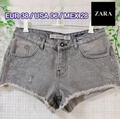 ZARA TRF キラキラビジュー ダメージデニムショートパンツ グレー M~L
