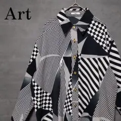 アート柄 モノトーン 長袖シャツ 金メッキボタン 薄手のサムネイル