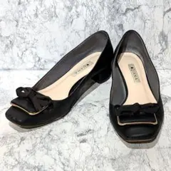 ダイアナ リボン パンプス 黒 チャンキー レザー24.5cm スクエアトゥ