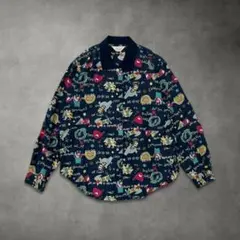 Vintage 総柄シャツ ビッグシルエット 長袖 ネイビー（L〜XL）