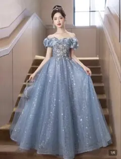 XS ライトブルー ビーズ刺繍 パーティードレス ブライダル 前撮り シンデレラ