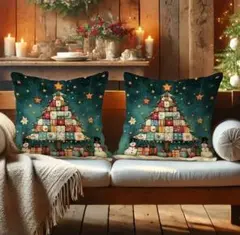 20【クリスマス】クッションカバー 2枚セット クリスマスツリー 雪だるま 星柄