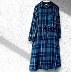CROSS2&CO. チェック柄 長袖 シャツワンピース 紐付き