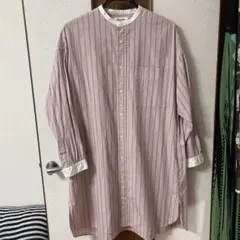Gymphlex　シャツワンピース　バンドカラー　コットン　ピンクストライプ　L