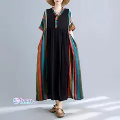 ロングワンピース 切り替え 配色 フラワーパターンフリル カジュアル V字襟