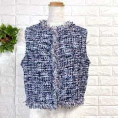 a1122 Zザラ ツイード ベストノースリーブ ジレ パール風ボタンフリンジM