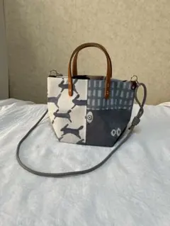 ミナペルホネン手拭い使用　ハンドメイド品　トートバッグ　革持ち手　ショルダー合皮
