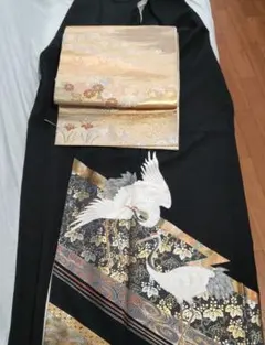 黒留袖 鶴 裾模様 五つ紋 袋帯セット