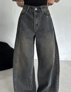 ワイドレッグ デニムパンツ グレー ウォッシュ加工