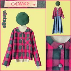 昭和レトロ︎✦︎ヴィンテージ古着︎✦︎赤ピンク×緑 チェック︎柄✦︎麻︎✦︎ショート丈ジャケット︎