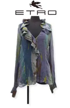 レア高級ETROエトロ絹シルクシフォンフリルブラウスマルチアースカラー茶黄緑青紫