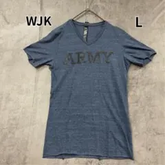 ダブルジェーケー ミリタリー ARMYロゴ 半袖VネックTシャツ 青【9053】