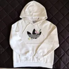adidas フラワー刺繍 ホワイトパーカー M