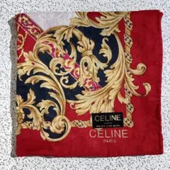 CELINE　セリーヌ　ハンカチ　コイン　植物紋様　レッド系　約50cm
