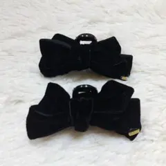 黒 ベロア リボン ヘアクリップ 2点セット