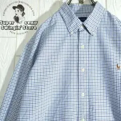 人気 ラルフローレン 長袖シャツ 2XL ブルー チェック ボタンダウン 古着
