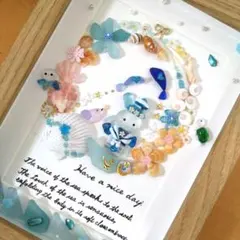 8-12「春だねー」シーグラスアート うさぎ 花 インテリア 春 雑貨