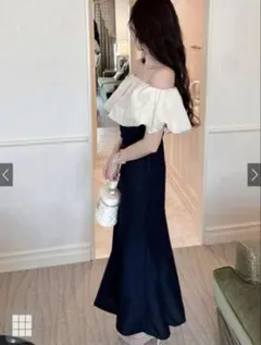 オフショルダー フリル ロングドレス ネイビー