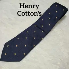 美品☆Henry Cotton's ネイビー 刺繍 パターン シルク ネクタイ