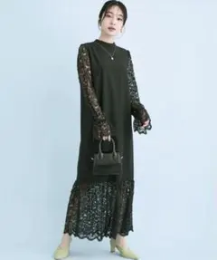VIS レース袖ドッキングワンピース　ブラック