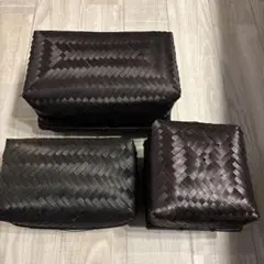 竹籠　黒　ふた付き　竹細工　3つセット