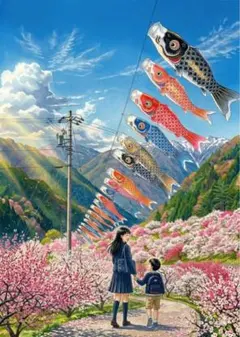 春の訪れと空泳ぐ鯉のぼり - 水彩画風アートポスター