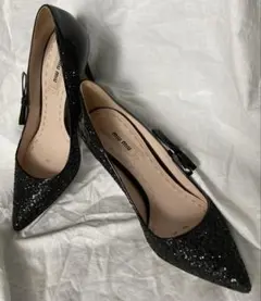 美品　MIU MIU　ハイヒール　グリッター　ポインテッドトゥ　リボン　エナメル