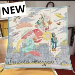 カラフルイラストの大判スカーフ　ロボット　未来　夢　ハリス町並み　ロケット宇宙