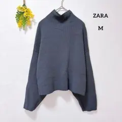 ZARA クロップド オーバーサイズ ニット M ブルーグレー ハイネック 無地