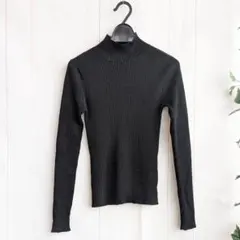 Sサイズ ウール100% ブラックリブ編みハイネックセーター