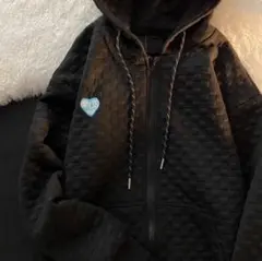 ★ ハート ロゴ ☆ 韓国 服 レディース ユニセックス ジッパー パーカー 黒