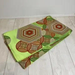 3F 昭和レトロ 美品 正絹 袋帯 若草色 ライムグリーン 吉祥文様 亀甲