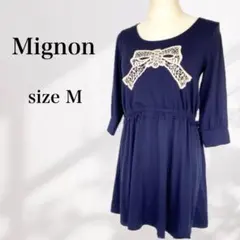 【Mignon】ミニヨン　ワンピース　リボン 　刺繍　ネイビー　膝丈　ガーリー