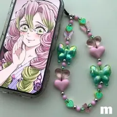 ハンドメイドビーズストラップ♡グリーン×ピンク