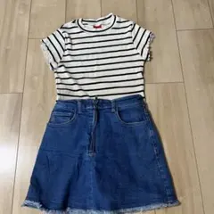 デニムフリンジ裾パンツスカートS　カットソー　M セット