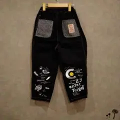 OFFICIATEAM　ブラックデニムプリント立体タックワイドパンツ