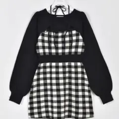 evelyn リボンチェックタイトOP ブラック