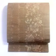 4r63 名古屋帯　絹　博多帯　本場筑前　博多織工業組合　ベージュ　茶色　花柄 Prices down2）本場筑前博多織 名古屋帯「焦げ茶色 華文縞」 未仕立て