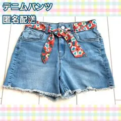 レディース　ジュニア　リボン付き　デニム　ショートパンツ　ブルー　フリンジ　Ｍ