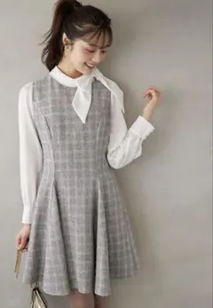 サイドリボン付きツイードドッキングミニワンピース