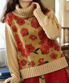 ふりふ　雪椿　タートルニットセーター　ベージュ