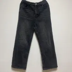 ブラックストレートデニムワイドパンツ　ダメージ加工